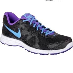 Nike Revolution 2 black, purple, and blue women's running shoes size 6